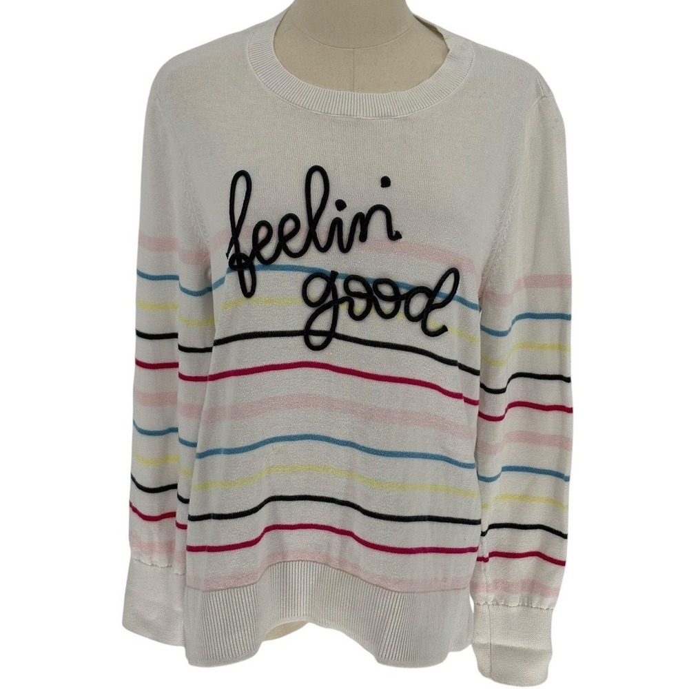 Time and Tru Feelin Good Graphic Striped Sweater White Multi Large 12-14